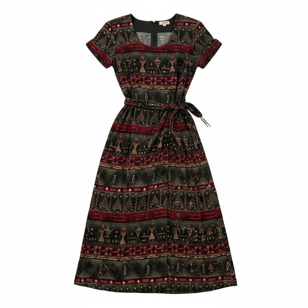Vintage Olivia Rose Egyptian Hieroglyph Print Rayon Maxi Dress 8 Artsy Novelty
